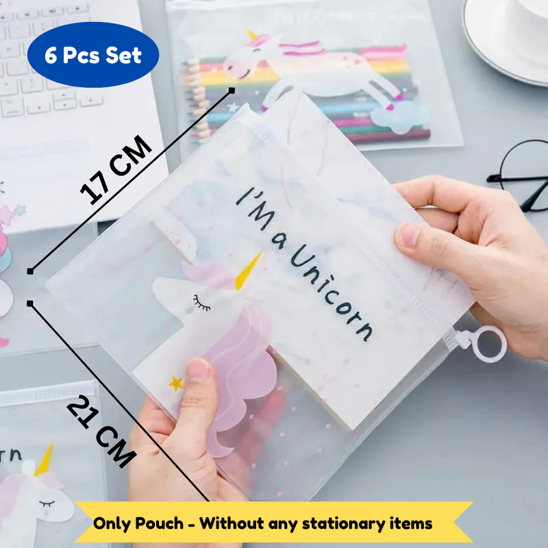 Unicorn Transparent Pouches Pencil Pouch/Case for Kids | Assorted Design -Multi Color, Pack of 6 for Birthday Return Gifts