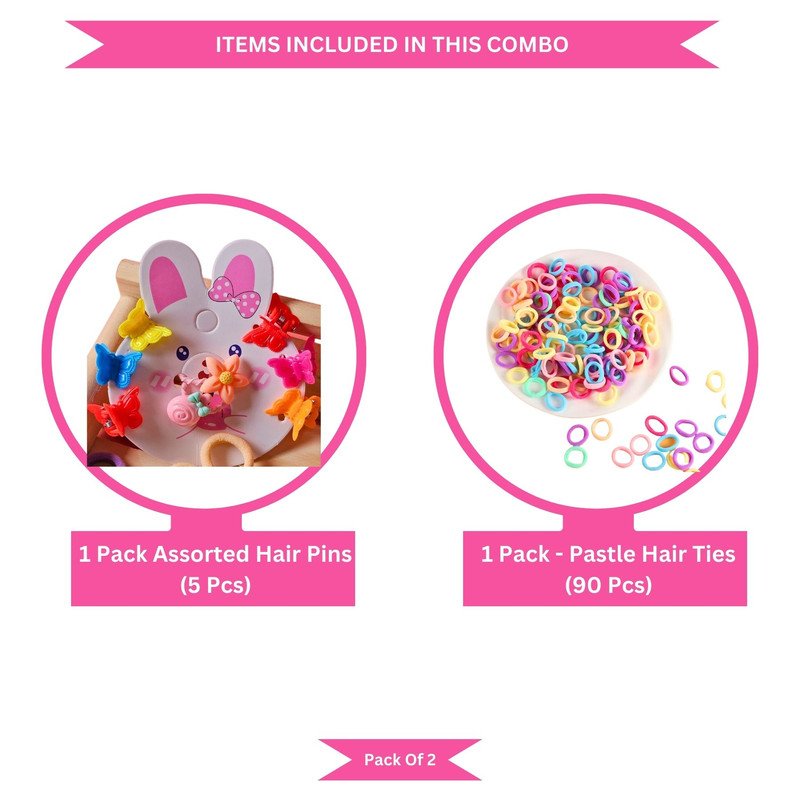 Pastel Mini Hair Ties with Flower Cancy Butterfly hair Clip Set (Pack of 2, Multicolor)