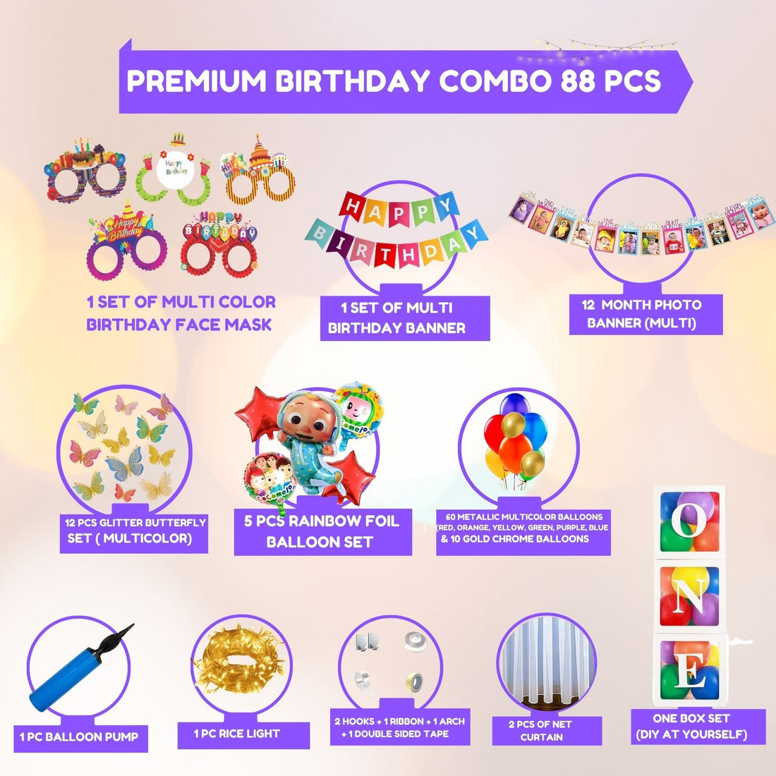 Premium Happy Birthday Combo KIT  Cocomelon Foil balloon Set for first 1st birthday Theme boy girls kids ( pack of 88 ,  Multicolor)