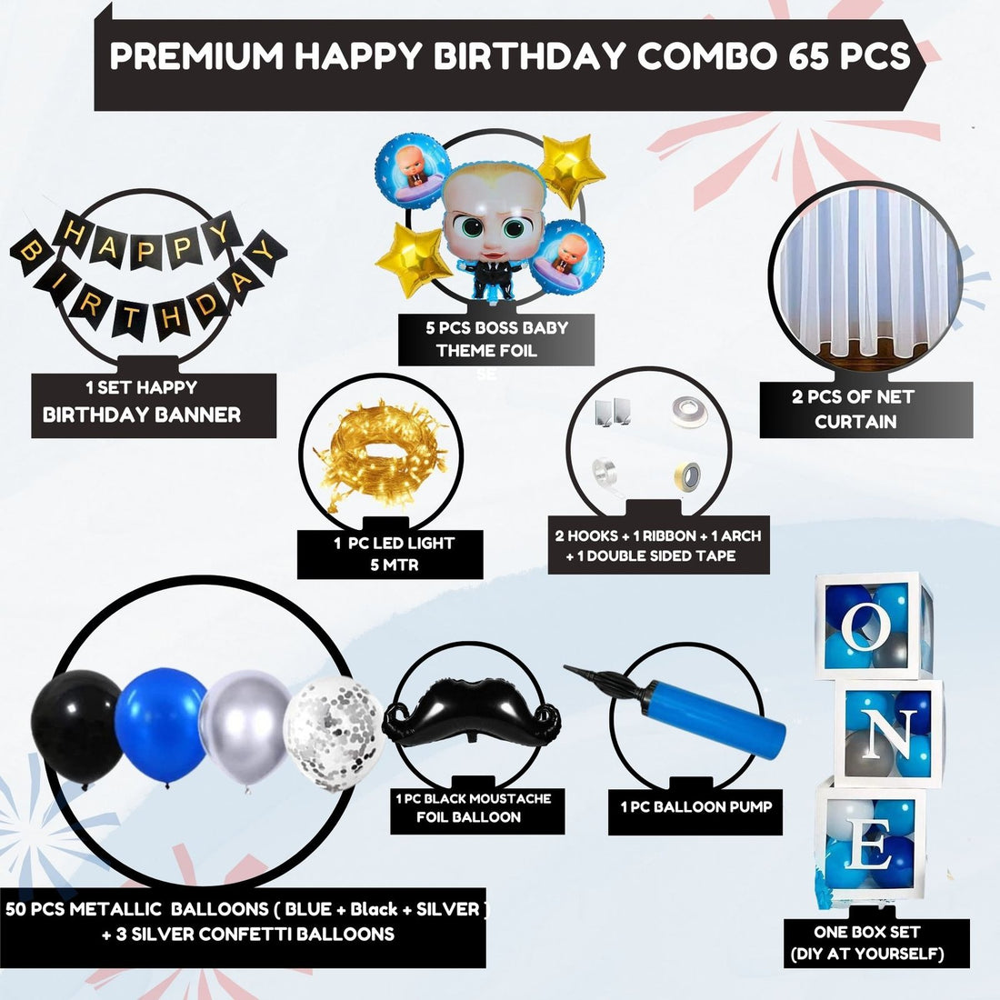 Premium Happy Birthday Combo KIT  Boss baby Foil balloon Set for first 1st birthday Theme boy kids ( pack of 65 ,  Multicolor)