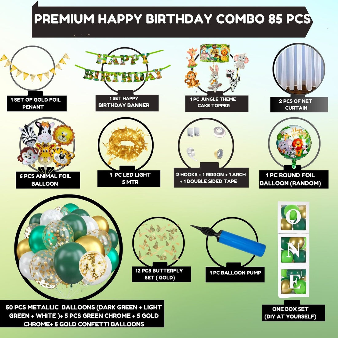 Premium Happy Birthday Combo KIT  Foil balloon Set Jungle Theme for first 1st birthday boy kids girl ( pack of 85,  Multicolor)