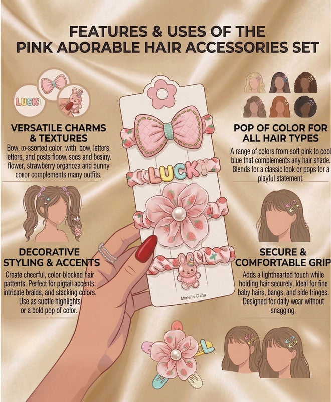 Bow Flower Teddy Design Hair Bands - Pink