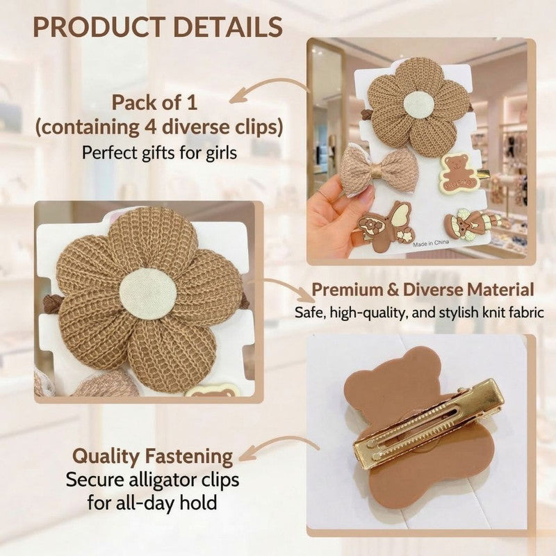 Bow Flower Teddy Design Hair Accessories set- Brown