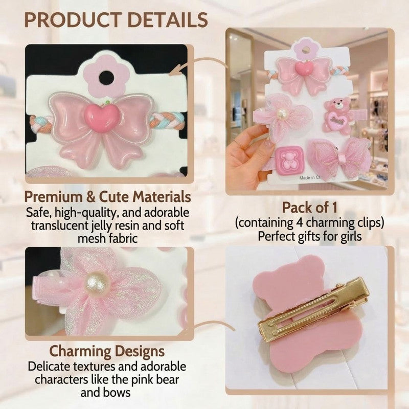 Bow Flower Teddy Design Hair Accessories set- Pink