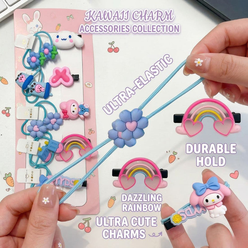 Flower Rainbow Hair clips with rubber bands set - Blue