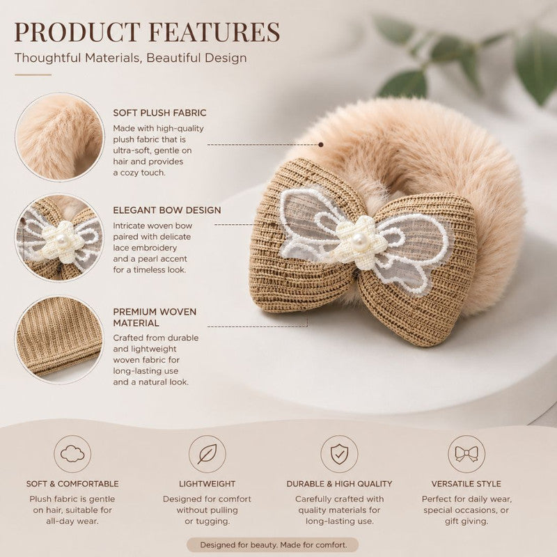 Bow detailed Fluffy Hair Scrunchy - Brown