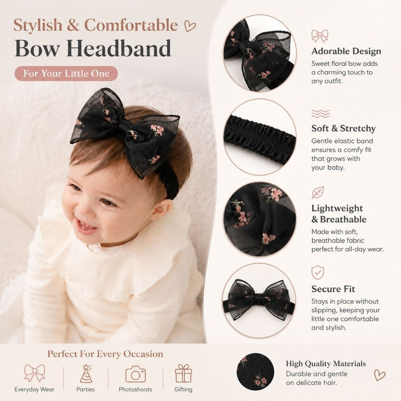 Bow Detailed Floral Designed Headband - Black