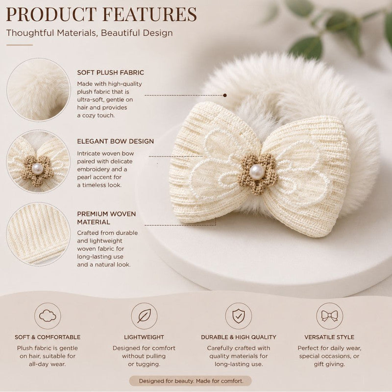 Bow detailed Fluffy Hair Scrunchy - White