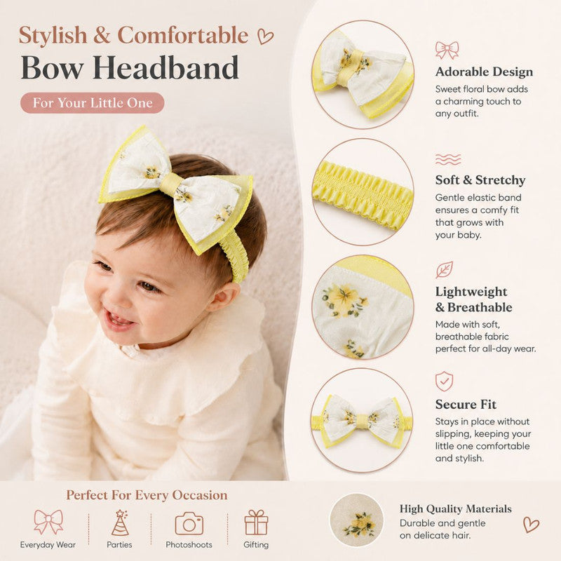 Bow Detailed Floral Designed Headband - Yellow
