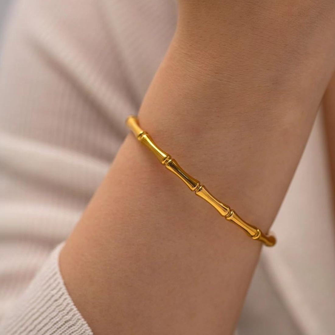 Golden Bamboo Anti Tarnish Stainless Steel Side Openable Bangle Bracelet for Girls and Women