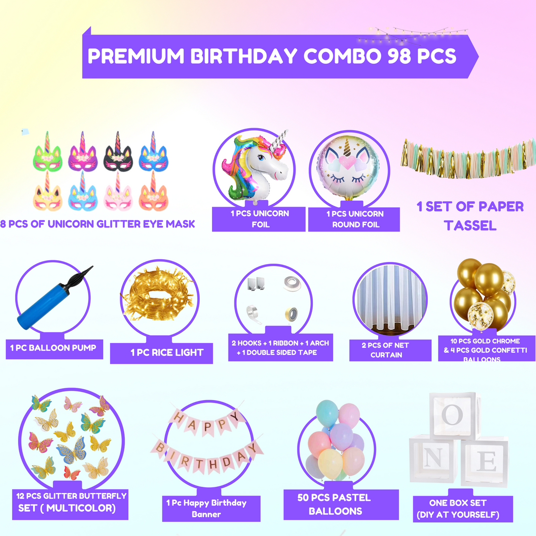 Premium Happy Birthday Combo KIT  Foil balloon Set for first 1st birthday Unicorn Theme girl kids ( pack of 86 ,  Multicolor)