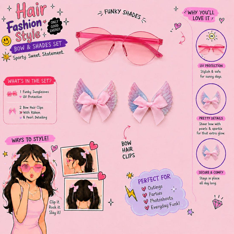Set of 3 Bow Detailed Hair Clips With Sunglasses - Pink