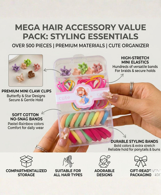 Flower Hair Clips With Rubber Bands Combo Set - Multi Colour