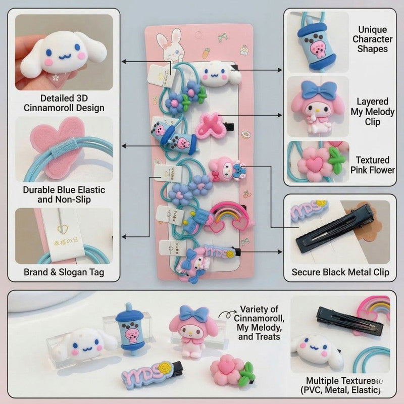 Flower Rainbow Hair clips with rubber bands set - Blue