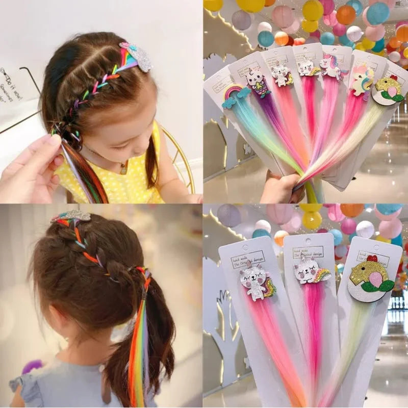 Girls Colorful Braiding Long Hair Extensions for Kids Unicorn Hair Clips Cute (Pack of 3, Random Design) - Puchku.in
