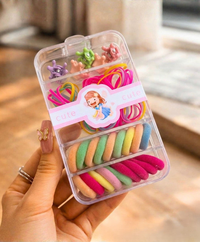 Flower Hair Clips With Rubber Bands Combo Set - Multi Colour
