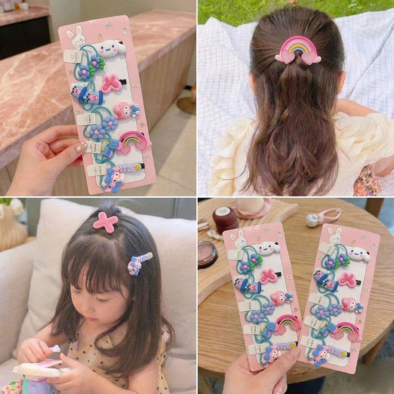 Flower Rainbow Hair clips with rubber bands set - Blue