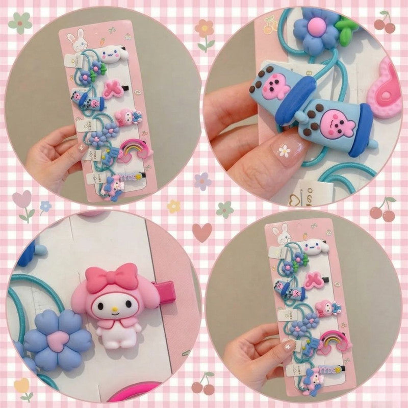 Flower Rainbow Hair clips with rubber bands set - Blue