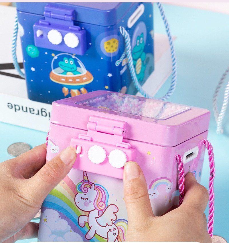 New Cute Unicorn Tinplate Hand Rope Square Password Lock Piggy Bank Children's Cartoon Mermaid Dino Savings Change Coins Money Box