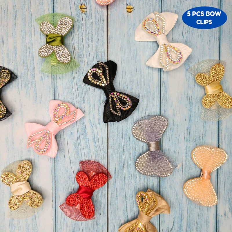 Handmade Rhinestone Embellished bow for girls Hair clip (Pack of 5, Random Design & color) - Puchku.in