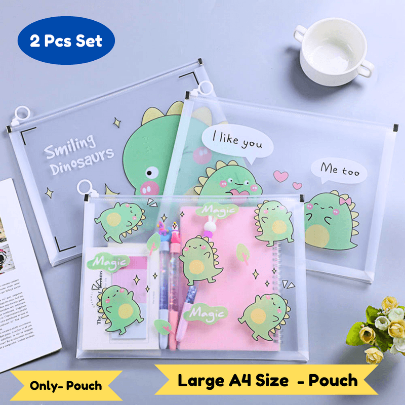 dinasour Transparent Pouches Pencil Pouch/Case for Kids | Assorted Design -Multi Color, Pack of 2 for Birthday Return Gifts - Puchku.in