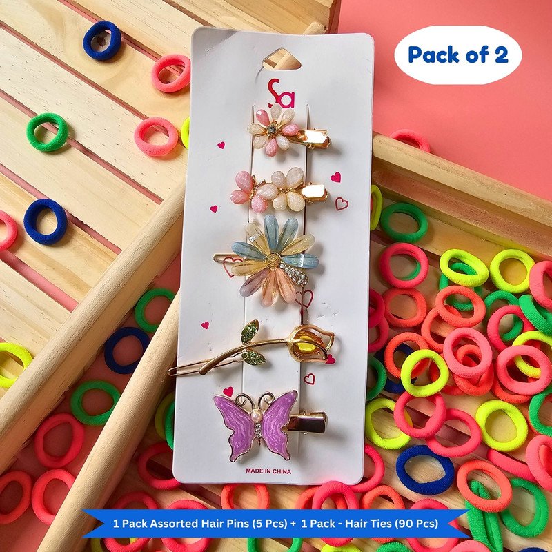 Neon Mini Hair Ties with Embellised hair Pin and clip set (Pack of 2, Multicolor) - Puchku.in