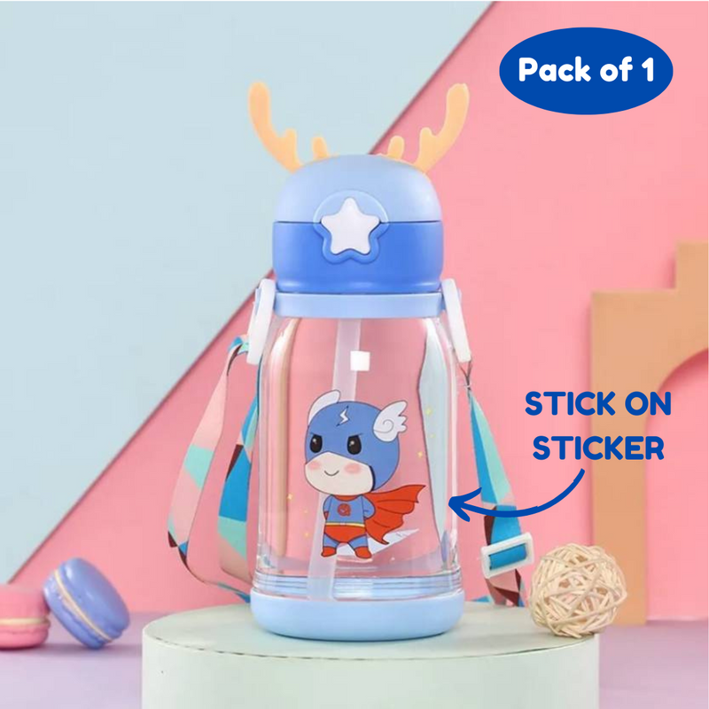 Water Bottle Sipper for Kids Cute Plastic, School Sports Bottle for Girls/Boys BPA Free Bottle (Pack of 1, Random Design) - Puchku.in