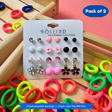 Neon Mini Hair Ties with Elegant Earings set (Pack of 2, Multicolor) - Puchku.in