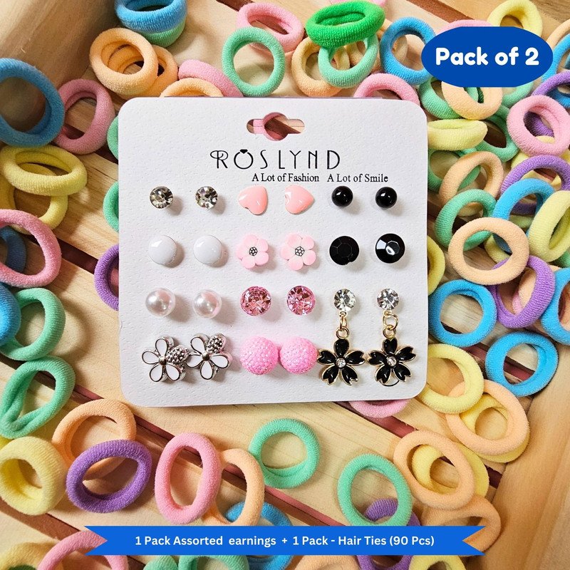 Pastel Mini Hair Ties with Elegant Earings set (Pack of 2, Multicolor) - Puchku.in