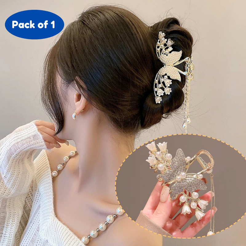 Pearl Hair Claw Clips for Women Tassel Butterfly Large Hair Clip Clutchers for Hair Golden Alloy Hair Styling Jaw Clips Bun Hair Accessories Gift - Puchku.in