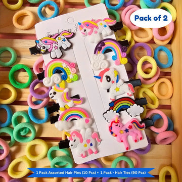 Pastel Mini Hair Ties with Unicorn Rainbow Flower hair Clip Set (Pack of 2, Multicolor) - Puchku.in