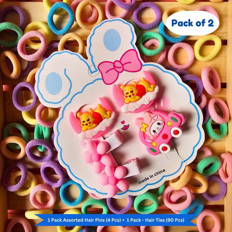 Pastel Mini Hair Ties with Teddy Flower Rainbow Cartoon hair Clip set (Pack of 2, Multicolor) - Puchku.in