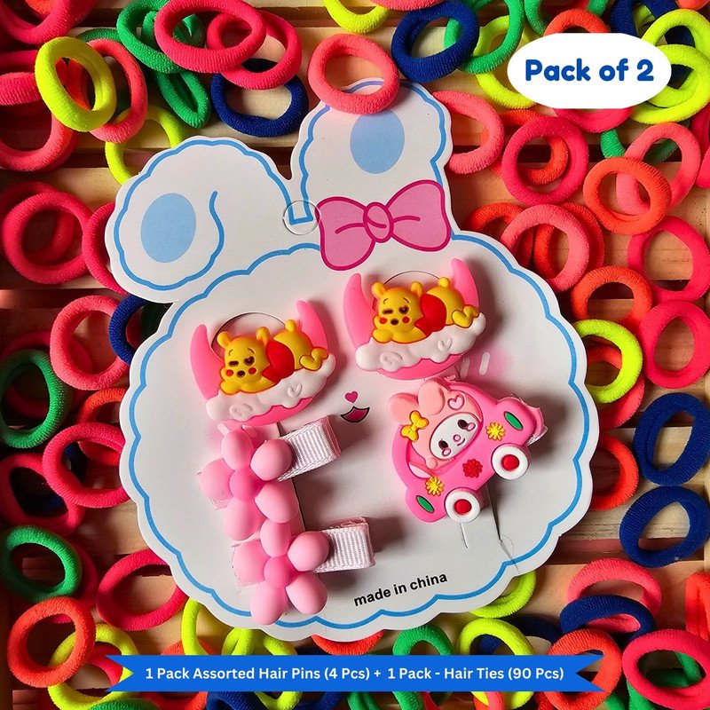 Neon Mini Hair Ties with Teddy Flower Rainbow Cartoon hair Clip set (Pack of 2, Multicolor) - Puchku.in