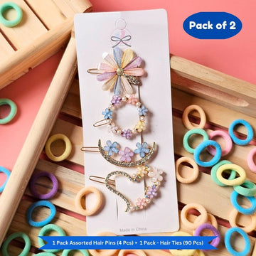 Pastel Mini Hair Ties with Embellised hair Pin and clip set (Pack of 2, Multicolor) - Puchku.in