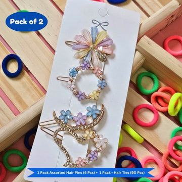 Neon Mini Hair Ties with Embellised hair Pin and clip set (Pack of 2, Multicolor) - Puchku.in