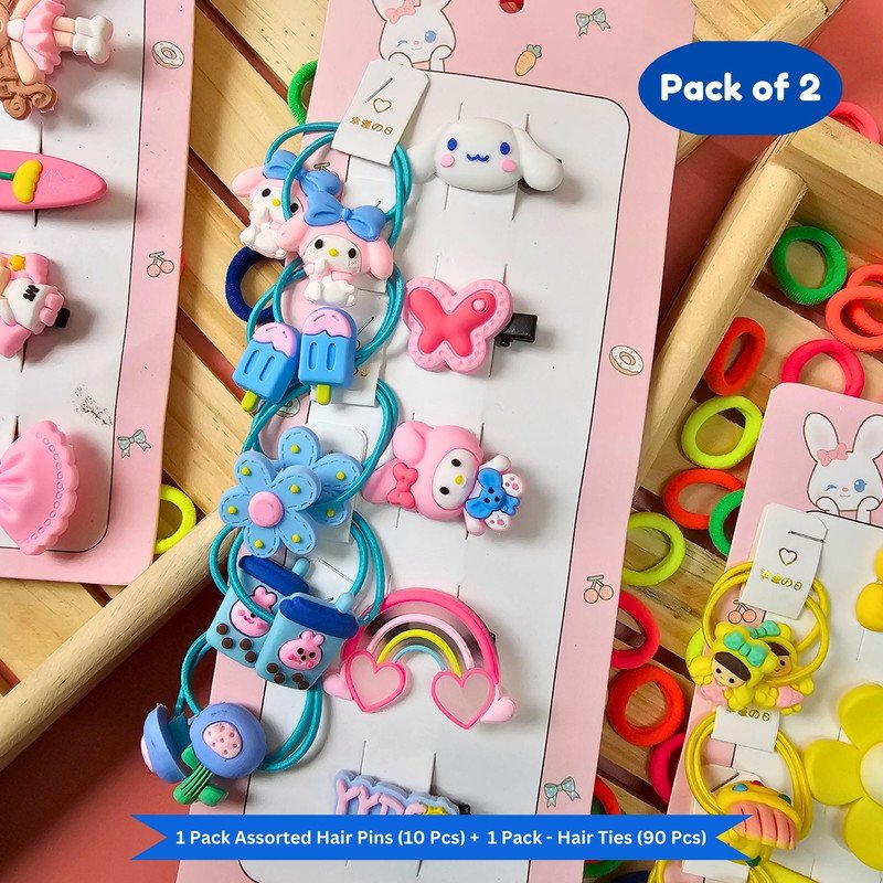 Neon Mini Hair Ties with Teddy Flower Rainbow Cartoon hair Clip set (Pack of 2, Multicolor) - Puchku.in