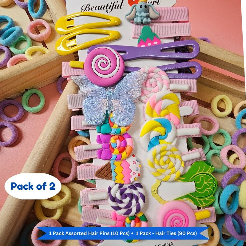 Pastel Mini Hair Ties with Unicorn Rainbow Flower Cancy hair Clip Set (Pack of 2, Multicolor) - Puchku.in