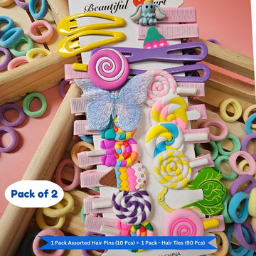 Pastel Mini Hair Ties with Unicorn Rainbow Flower Cancy hair Clip Set (Pack of 2, Multicolor) - Puchku.in