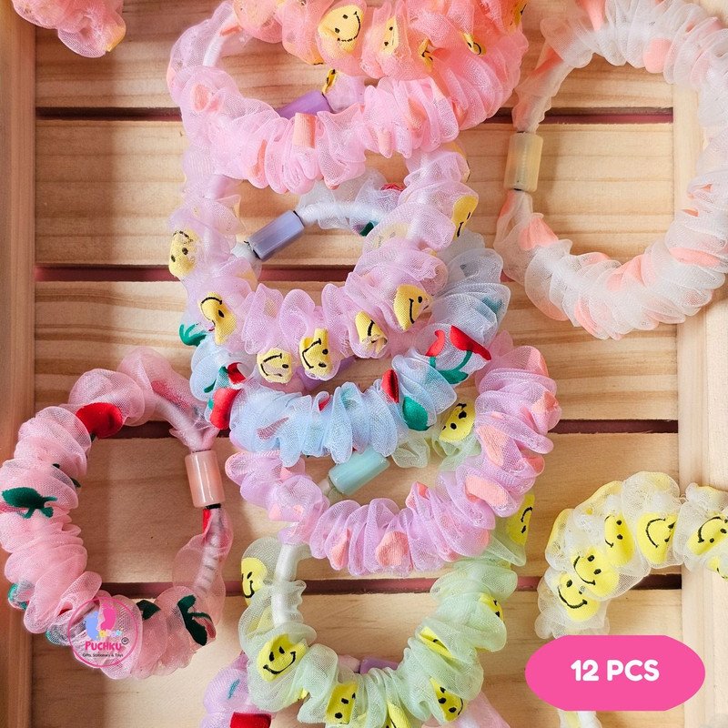 Small Printed Organza Scrunchies for Hair Elastic Ponytail Holders (12 pcs, Multicolor) - Puchku.in