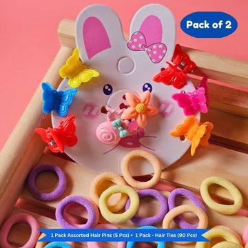 Pastel Mini Hair Ties with Flower Cancy Butterfly hair Clip Set (Pack of 2, Multicolor) - Puchku.in