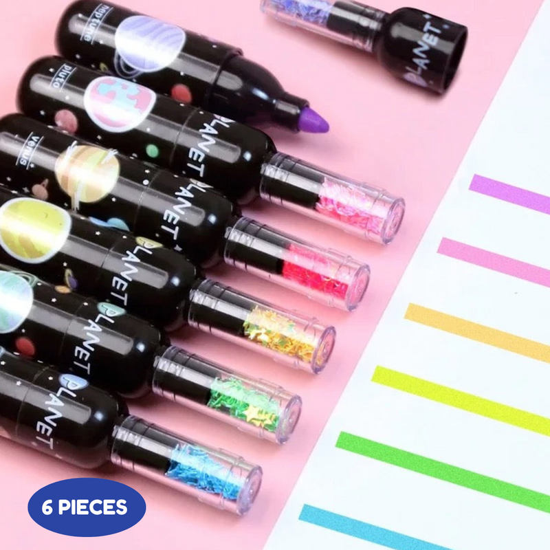 Space Theme Bottle Shape Highlighters | Set Of 6 | Fine Grip Marker Pen | Ideal For Office Stationery & Kids - Puchku.in