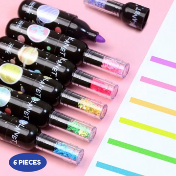 Space Theme Bottle Shape Highlighters | Set Of 6 | Fine Grip Marker Pen | Ideal For Office Stationery & Kids - Puchku.in