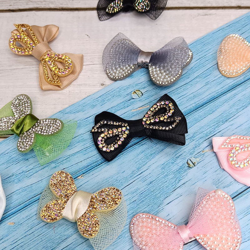 Handmade Rhinestone Embellished bow for girls Hair clip (Pack of 5, Random Design & color) - Puchku.in