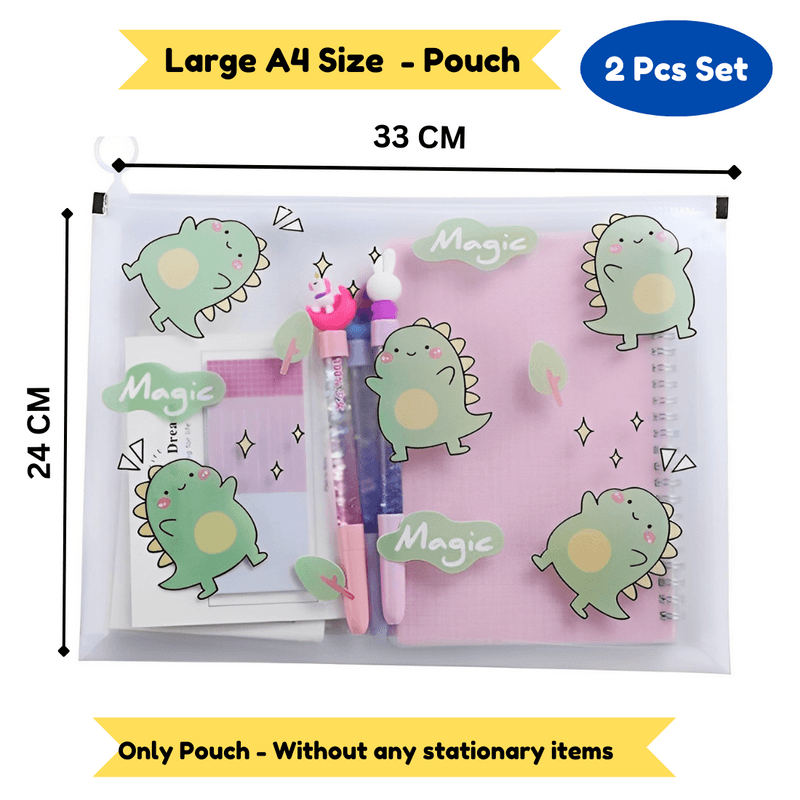 dinasour Transparent Pouches Pencil Pouch/Case for Kids | Assorted Design -Multi Color, Pack of 2 for Birthday Return Gifts - Puchku.in