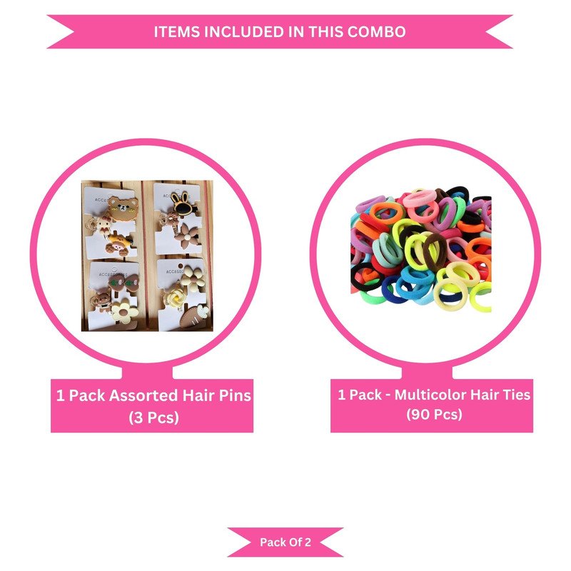 Neon hair Ties with a cute Teddy Bow Flower hair Clip Set (Pack of 2, Multicolor) - Puchku.in