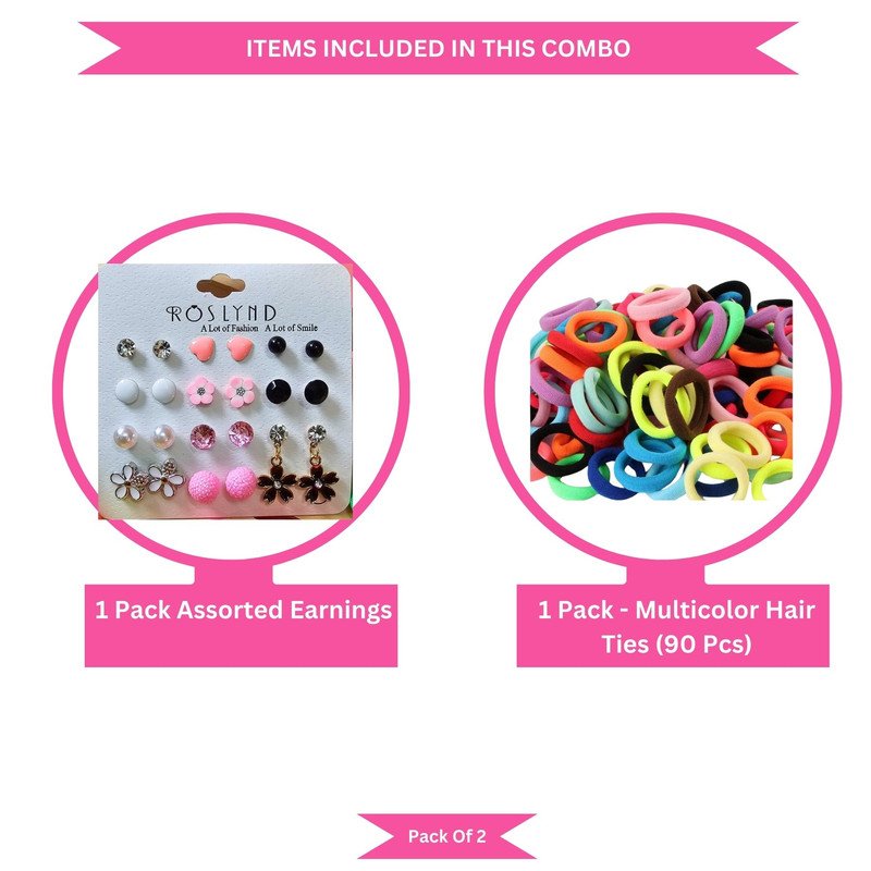 Neon Mini Hair Ties with Elegant Earings set (Pack of 2, Multicolor) - Puchku.in