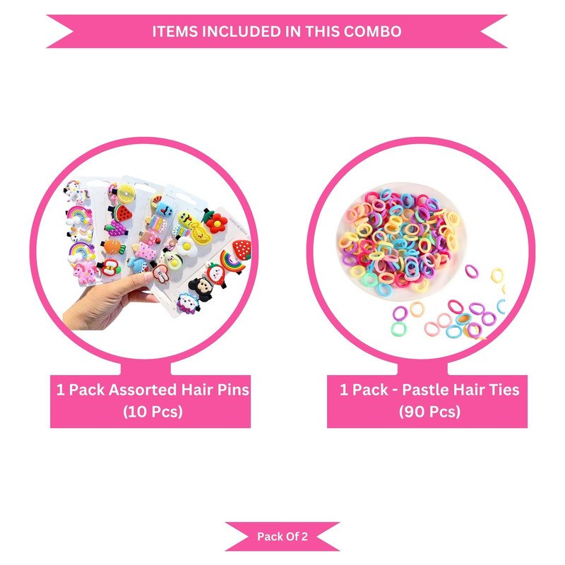 Pastel Mini Hair Ties with Unicorn Rainbow Flower hair Clip Set (Pack of 2, Multicolor) - Puchku.in