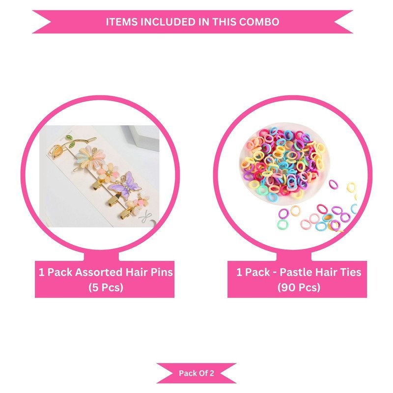 Pastel Mini Hair Ties with Embellised hair Pin and clip set (Pack of 2, Multicolor) - Puchku.in