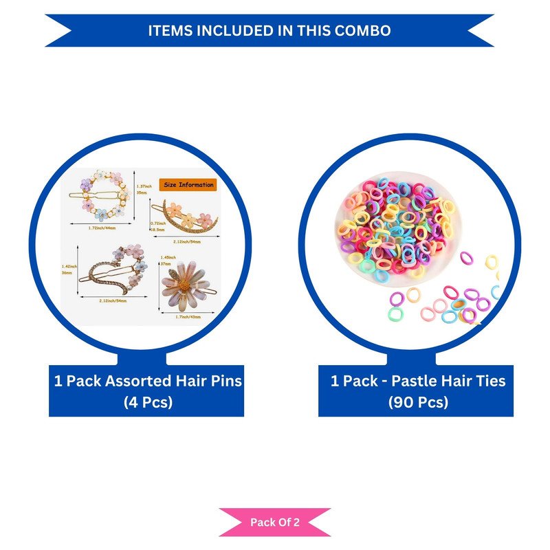 Pastel Mini Hair Ties with Embellised hair Pin and clip set (Pack of 2, Multicolor) - Puchku.in
