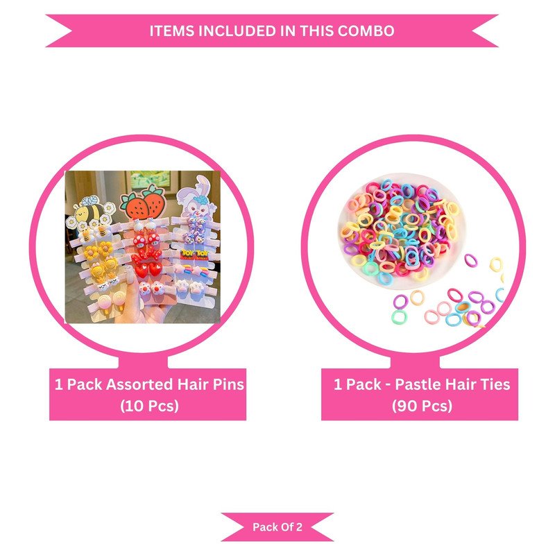 Pastel Mini Hair Ties with Teddy Flower Rainbow Cartoon hair Clip set (Pack of 2, Multicolor) - Puchku.in